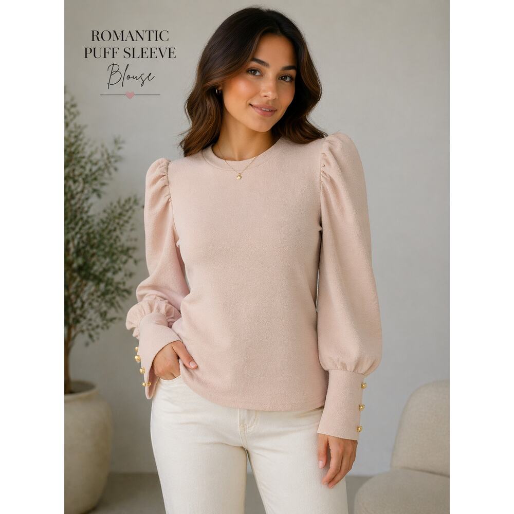 Blush Pink Puff Sleeve Romantic Blouse Gold Button Cuffs